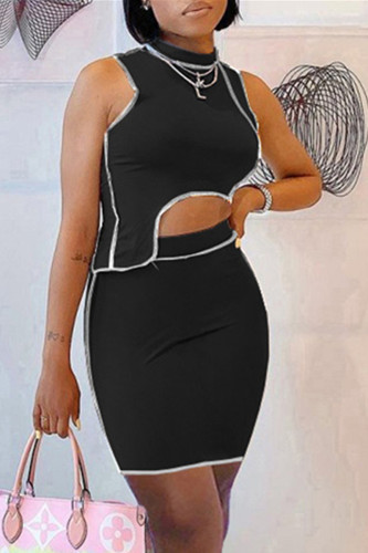 Black Sexy Casual Solid Patchwork Asymmetrical Half A Turtleneck Sleeveless Two Pieces