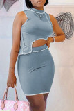 Blue Sexy Casual Solid Patchwork Asymmetrical Half A Turtleneck Sleeveless Two Pieces
