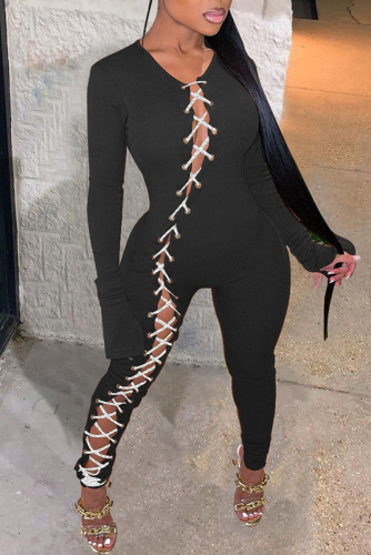 Black Fashion Casual Solid Hollowed Out O Neck Skinny Jumpsuits