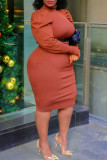 Brick Red Fashion Casual Plus Size Solid Without Belt Turtleneck Long Sleeve Dress
