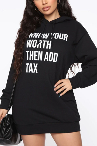 Black Sweet Letter Print O Neck Mid Waist Tops