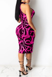 Rose Red Fashion Sexy Print Hollowed Out O Neck Sleeveless Dress