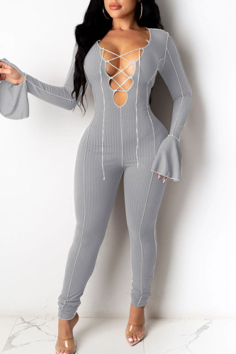 Grey Sexy Solid Bandage Patchwork O Neck Jumpsuits