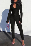 Black Fashion Casual Solid Basic Zipper Collar Skinny Jumpsuits（With Bustiers）