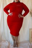 Wine Red Fashion Casual Solid Hollowed Out O Neck Long Sleeve Plus Size Dress