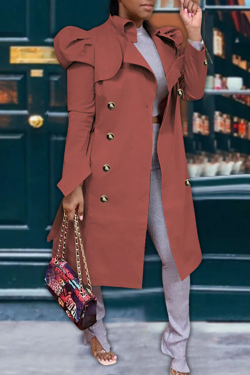 

Rose Red Casual Solid With Belt Turndown Collar Outerwear