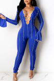 Blue Sexy Solid Bandage Patchwork O Neck Jumpsuits