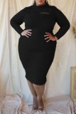 Wine Red Fashion Casual Solid Hollowed Out O Neck Long Sleeve Plus Size Dress
