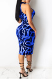 Blue Fashion Sexy Print Hollowed Out O Neck Sleeveless Dress
