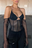 Black Fashion Sexy Patchwork Solid See-through Backless Halter Tops