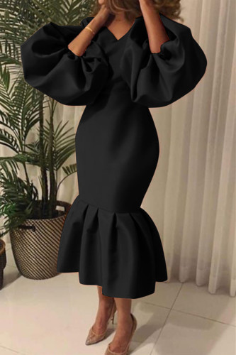 Black Formal V Neck Long Puff Sleeves Slim Fit Mermaid Hem Evening Party Midi Wedding Guest Dress