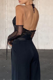 Black Fashion Sexy Patchwork Solid See-through Backless Halter Tops