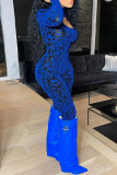 Blue Sexy Leopard Split Joint Half A Turtleneck Skinny Jumpsuits