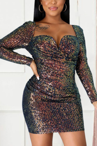 Brown Sexy Street Print Embroidered Sequins Backless V Neck Pencil Skirt Dresses