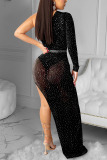 Black Sexy Geometric Patchwork See-through Oblique Collar Dresses