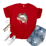 Wine Red Fashion Casual Lips Printed Basic O Neck Tops