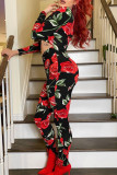 Black Red Fashion Casual Print Hollowed Out O Neck Regular Jumpsuits