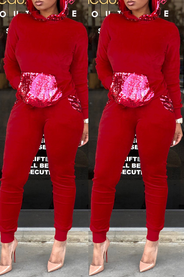 Red Drawstring Long Sleeve Mid Patchwork Sequin Solid pencil Pants Two-piece suit