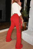 Red Fashion Casual Solid Hollowed Out Strap Design Boot Cut Mid Waist Trousers