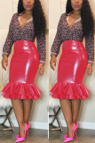 Red PU Zipper Fly Mid Patchwork Zippered Solid Mermaid skirt Skirts