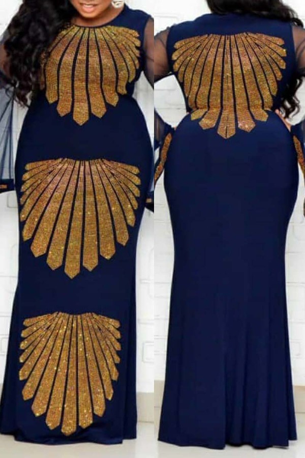 Navy Blue Fashion Sexy Plus Size Hot Drilling Patchwork O Neck Evening Dress