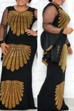 Black Fashion Sexy Plus Size Hot Drilling Patchwork O Neck Evening Dress