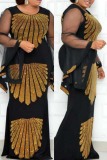 Black Fashion Sexy Plus Size Hot Drilling Patchwork O Neck Evening Dress