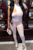 Light Pink Sexy Casual Solid Hollowed Out Half A Turtleneck Skinny Jumpsuits