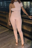 Light Pink Sexy Casual Solid Hollowed Out Half A Turtleneck Skinny Jumpsuits