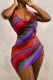 Multi-color Sexy Print Backless Fold Asymmetrical Spaghetti Strap Mini Dress Dresses