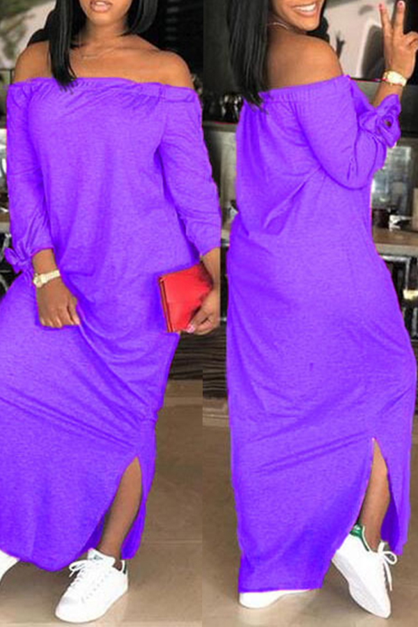 

Purple Casual Dew Shoulder Slit Hem Ankle Length Dress