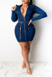 Blue Fashion Casual Solid With Belt Turndown Collar Long Sleeve Dresses