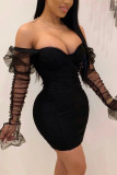 Black Fashion Sexy Mesh Stitching Long Sleeve Dress