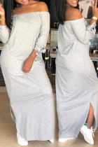 Grey Casual Dew Shoulder Slit Hem Ankle Length Dress