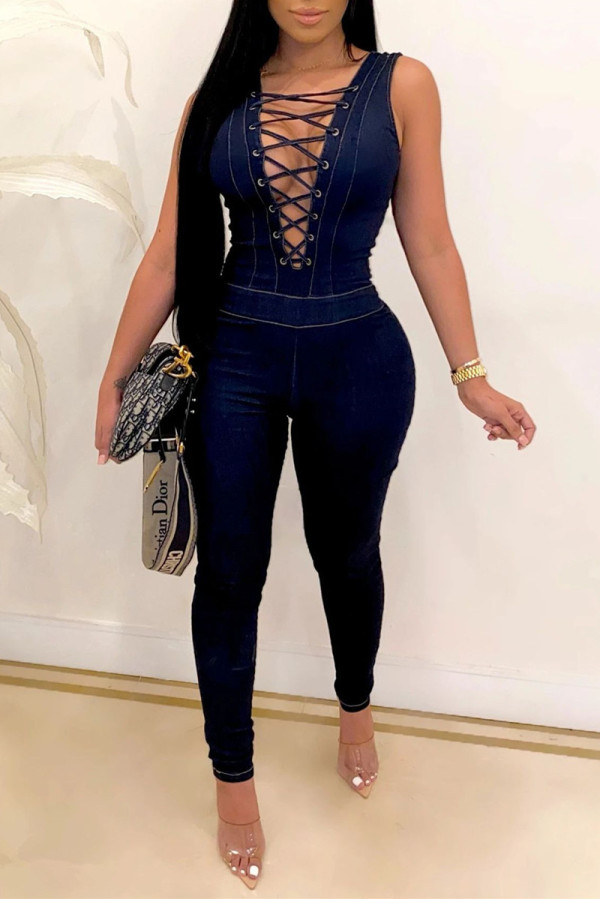 Dark Blue Sexy Casual Solid Hollowed Out V Neck Sleeveless Denim Jumpsuit