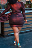 Red Fashion Sexy Solid Basic V Neck Long Sleeve Plus Size Dress
