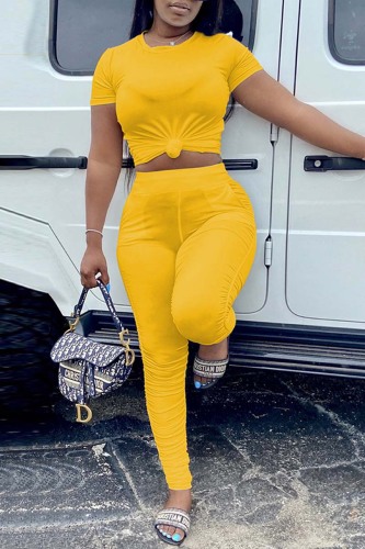 Yellow Fashion Casual Solid Basic O Neck Short Sleeve Two Pieces