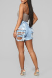 Light Blue Fashion Sexy Solid Ripped High Waist Regular Jeans