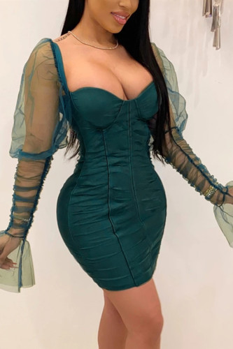 Dark green Fashion Sexy Mesh Stitching Long Sleeve Dress