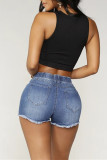 Dark Blue Fashion Casual Solid Ripped High Waist Straight Jeans