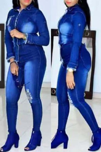 Blue Fashion Casual Solid Basic Turndown Collar Plus Size Set