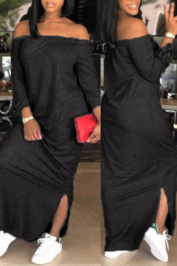 

Black Casual Dew Shoulder Slit Hem Ankle Length Dress