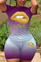 Purple Fashion Lips Letters Print T-shirt Shorts Set