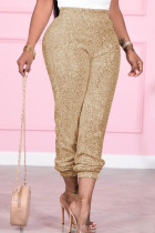 Gold Sexy Solid Sequins Mid Waist Pencil Bottoms