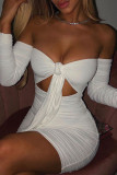 White Fashion Sexy Solid Hollowed Out Fold Bateau Neck Long Sleeve Dresses