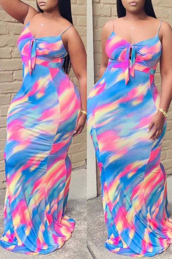 Colour Sexy Print Hollowed Out Backless Spaghetti Strap Sleeveless Dress