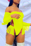 Fluorescent Green Fashion Sexy Solid Tassel Hollowed Out Swimwears