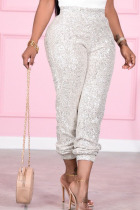 Silver Sexy Solid Sequins Mid Waist Pencil Bottoms