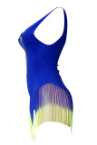 Blue Sexy V Neck Faded Tassel Bikini One-piece
