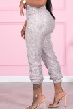 Grey Sexy Solid Sequins Mid Waist Pencil Bottoms